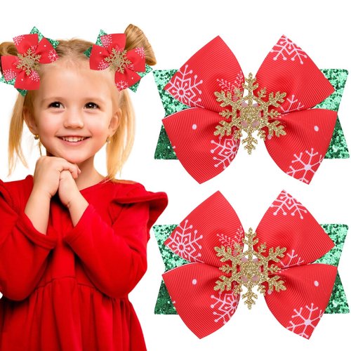 Hair Bows Snowflake Sequins Bow Hair Clips Glitter Hairpin Red Green Christmas Tree Ribbon Hand P...