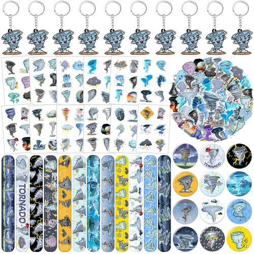 98 PCS Tornado Party Favors, Tornado Temporary Tattoos Slap Bracelets Keychains Stickers Badges for Tornado Birthday Party Decorations Supplies Gifts for Kids Teens Boys Girls Classroom Rewards