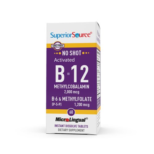 Superior Source No Shot Vitamin B12 Methylcobalamin (2000 mcg), Methylfolate, B6 (P-5-P), Quick Dissolve MicroLingual, 60 Ct, Cognitive Health, Increase Energy, Healthy Heart, Non-GMO