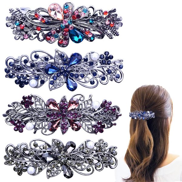 4 PCS Hair Barrettes for Women Ladies, Flower Crystal Rhinestones Barrettes Pearl Spring Hair Clip Accessories Women Fashion Ponytail Holders Barrettes for Daily Wear Mothers Day present