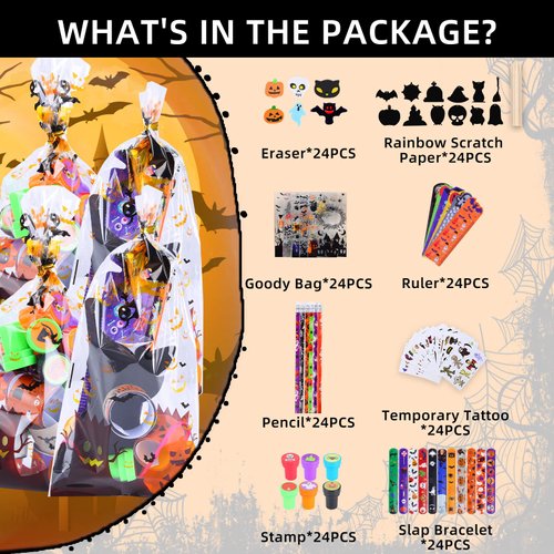 192 Pcs 24 Pack Assorted Halloween Stationery, Halloween Party Favors for Kids, Goodie Bags Stuffers Set Including Halloween Pencils, Rulers, Stamps and Erasers in Trick or Treat Bags