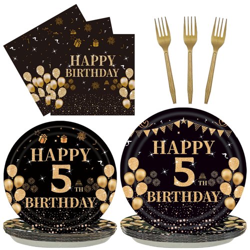 EMrups 96PCS 5th Birthday Party Plates Set Black and Gold Theme Decorations Include Black Gold Plates and Napkins Forks for 5 Year Old Boys Girls Birthday Party Supplies Serves 24 Guests