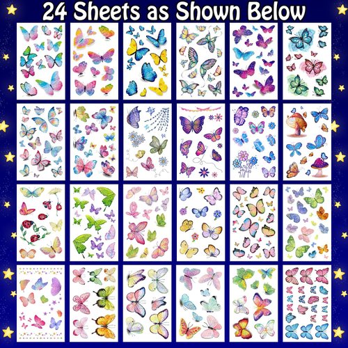 Leesgel 24 Sheets Butterfly Glitter Temporary Tattoos for Party, Butterfly Birthday Decorations Supplies for Girls, Kids Fake Tattoos Birthday Surprise Butterfly Party Decorations Favors