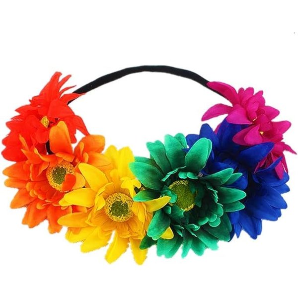AZMONADIO Rainbow Sunflower Headband Gay Pride Stuff Accessories Women Girls Rose Flower Crown Bandana for LGBTQ Bisexual Pride Party Supplies