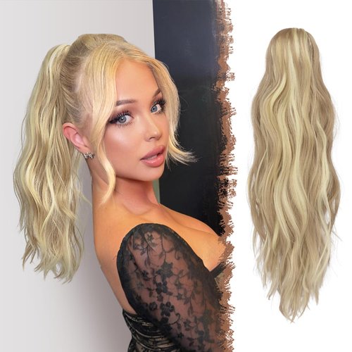 FESHFEN Ponytail Extensions, Long Claw Clip in Ponytail Hairpiece Synthetic Pony Tails Hair Piece Natural Wavy Hairpieces for Women, 20 inch Dark Ash Blonde Mixed Bleach Blonde