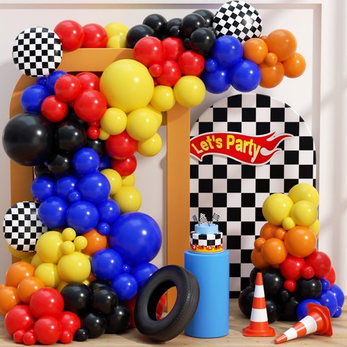 HKYOOD 160Pcs Race Car Balloon Garland Arch Kit - Car Wheels Checkered Balloons 18 12 10 5 Inch Different Size Balloons for Racing Car Two Fast 2nd Monster Theme Birthday Party Decorations Supplies
