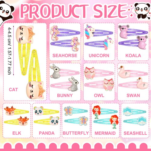 Hanaive 24 Pcs Rainbow Unicorn Clips Metal Hair Clips Unicorn Snap Barrettes Cute Mermaid Hair Pins Sparkly Animal Hair Accessories for Toddlers Little Girls Birthday Party Gifts(Animal Pattern)