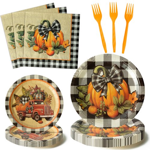 G1ngtar 96Pcs Fall Pumpkin Party Plates Supplies - Thanksgiving Black Buffalo Plaid Pumpkin Leaves Tableware Retro Autumn Harvest Decoration Disposable Paper Plate Napkin Fork for Birthday, Serves 24