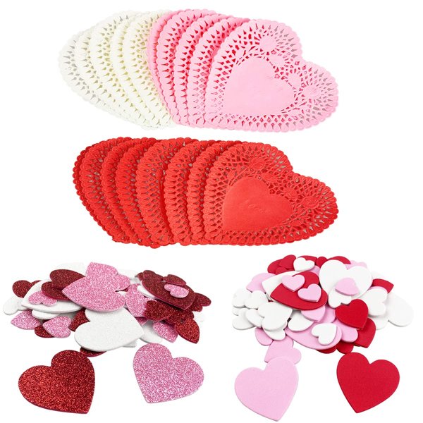 QINGQIU Valentines Day Crafts Set with 100 Heart Doilies, 4 Bags Foam Heart Stickers for Valentines Day Decor Kids Decoration Gifts Party Supplies