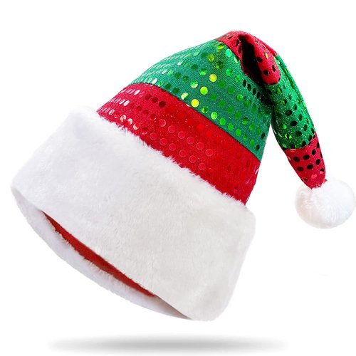 WTTORDE Christmas Elf Hat, Xmas Hats Red and Green with Sequins, Party Clown Hat Headwear for Holiday Accessory Party Favors
