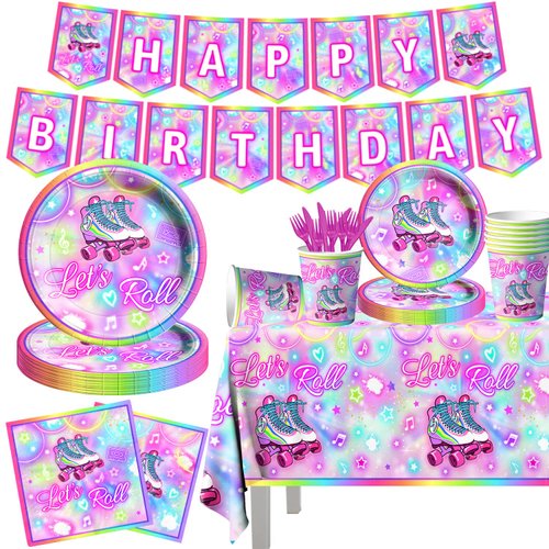 GREHUMOR 142Pcs Roller Skating Birthday Party Supplies Tableware Set Roller Skater Decoration Let's Roll Birthday for Boy or Girl,Colorful Plates and Napkins Cups Tablecloth Banner