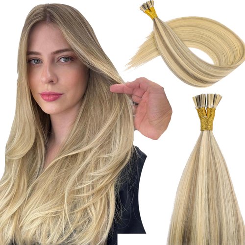 KiiKiiGirl Virgin Remy I Tip Hair Extensions Human Hair Blonde Highlight Golden Blonde Real Itip Human Hair Extensions 18Inch Pre Bonded I Tips Human Hair Extensions Blonde For Women 30G/Pack