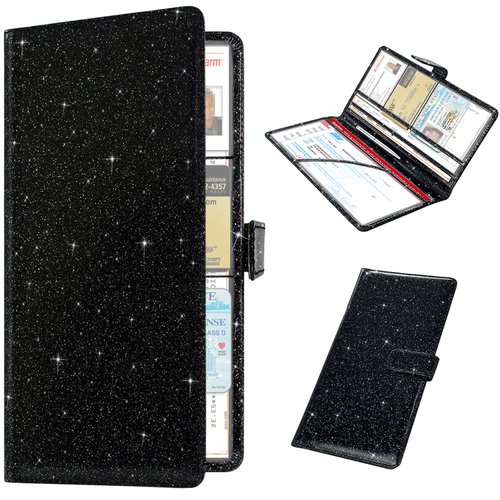 RSAquar Car Registration and Insurance Holder, Vehicle Glove Box Organizer Cool Car Accessories, Car Document Holder for Cards, Driver License & Essential Document, Black Glitter