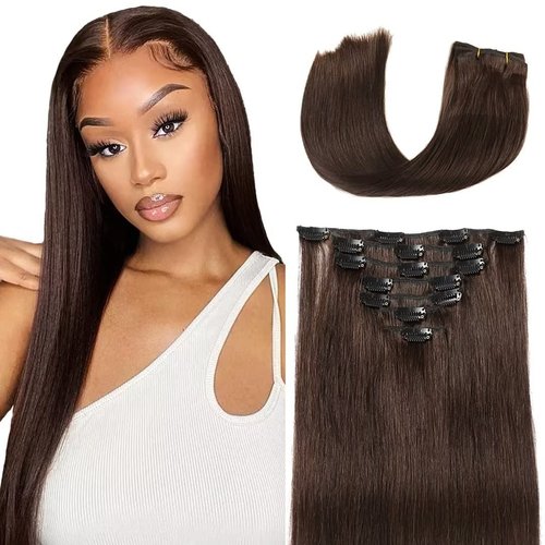 Clip In Hair Extensions Real Human Hair Dark Brown Hair Extensions For Women 7pcs Per Set with 16 Clips 100% Remy Virgin Human Hair Clip In Extensions Double Weft Clips Straight Soft Hair 18inch