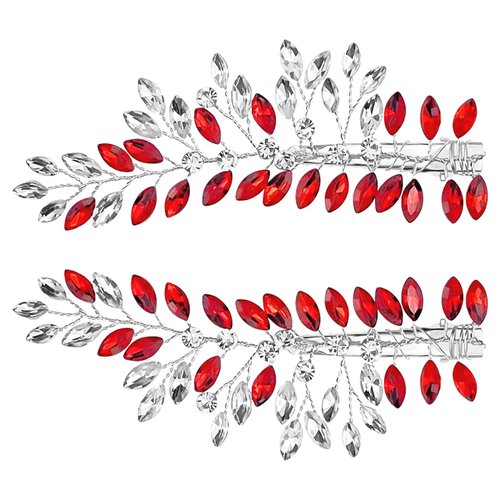 2 Pcs Crystal Wedding Hair Clips Rhinestone Leaf Hair Pins Bridal Hair Vine Headpiece Jewelry Wedding Hair Accessories for Women Girls (Red)