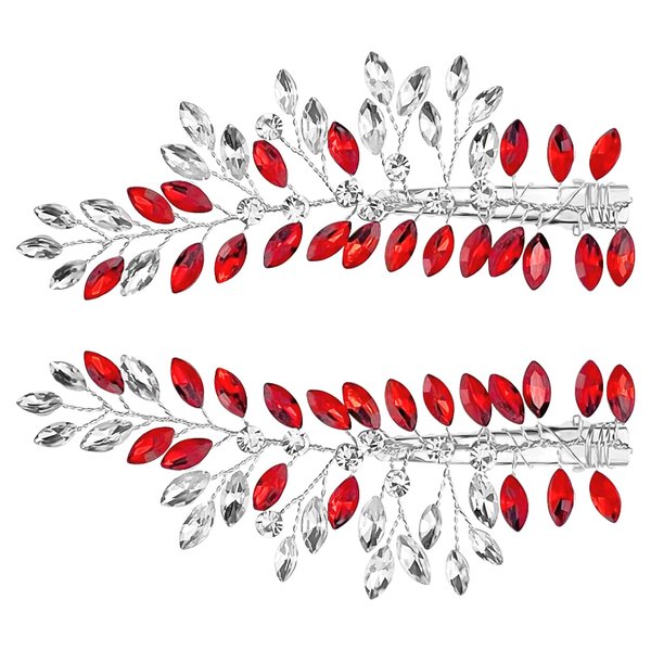2 Pcs Crystal Wedding Hair Clips Rhinestone Leaf Hair Pins Bridal Hair Vine Headpiece Jewelry Wedding Hair Accessories for Women Girls (Red)