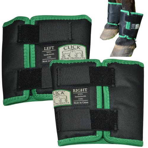Click Horse Fetlock Shield, Horse Wrap, Prevents Pressure Sores & Bed Sores Fetlock Shields for Horses, Protection Horse Boots, Bedsore Boots, Nylon Lined Interior Black w/Green Trim - One Size