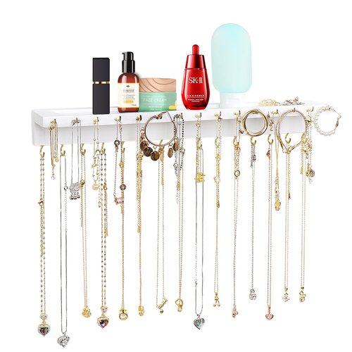 YYILIS Necklace Holder, Upgraded Wall Necklace Organizer with 30 Hooks Wall Mounted Necklace Hanger with Jewelry Tray/Cosmetics Shelf Rustic Pine Wood Holder for Necklaces and Bracelets