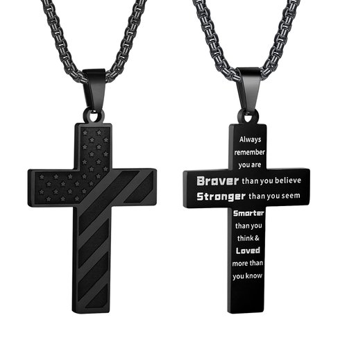 HattiDoris American Flag Cross Necklace for Boys Stainless Steel Box Chain 22+2 inch Inspirational Bible Verse Cross Pendant Patriotic Jewelry Personalized Christian Gift for Men(B-Brave Strong)