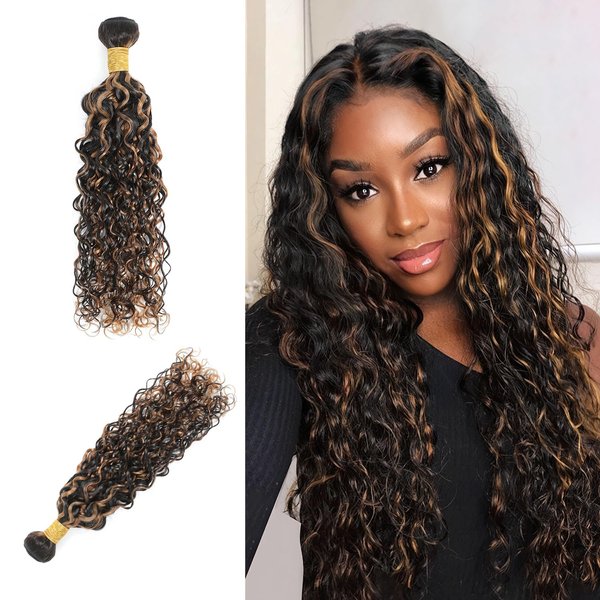 JOLAI Natural Black with Brown Highlight water wave human hair single bundles Brazilian 100% Unprocessed Virgin Remy Hair wet and wavy Bundle Ombre Blonde Wavy Sew in Piano Color #TFB30 12 Inch