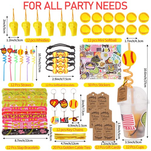 LiYiQ 158 Pcs Softball Party Favors Softball Party Supplies With Cup Straw Stress Ball Keychain Sticker Slaps Bracelets Whistle Thank You Tags For Softball Birthday Decorations (Softball)