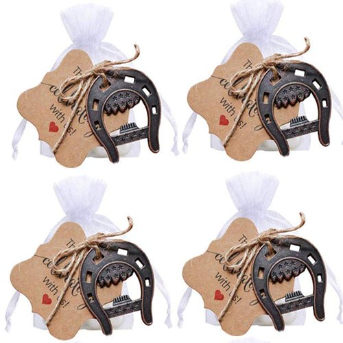 Bodosac 30pcs Cast Iron Lucky Horseshoes Opener with Tag Cards Sheer Bag for Vintage Wedding Favors Party Favor Decorations
