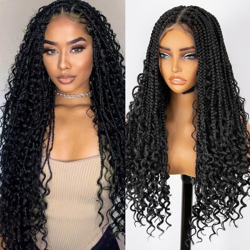 Nnzes Braided Black Wigs for Women, 26" Boho Box Braid Lace Front Wigs Blended Full Double Lace Wig with Baby Hair, Long Curly Ends Messy Synthetic Wig Heat Resistant Wigs
