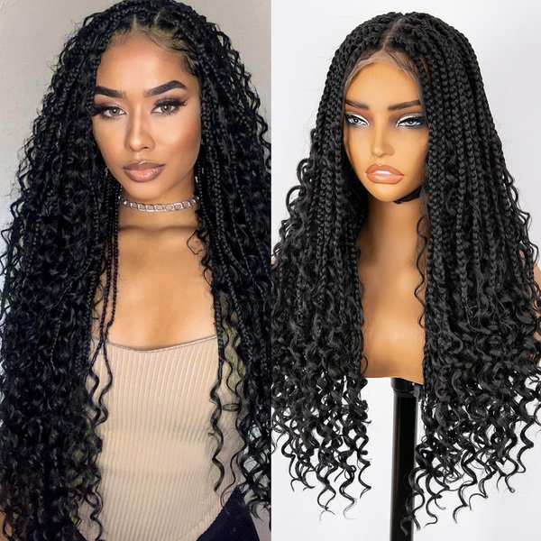 Nnzes Braided Black Wigs for Women, 26" Boho Box Braid Lace Front Wigs Blended Full Double Lace Wig with Baby Hair, Long Curly Ends Messy Synthetic Wig Heat Resistant Wigs