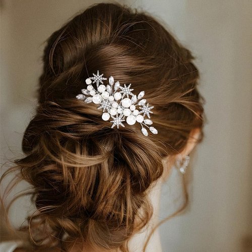 Kisshine Pearl Bride Wedding Hair Comb Silver Stars Headpiece Rhinestone Bridal Hair Accessories for Women and Girls