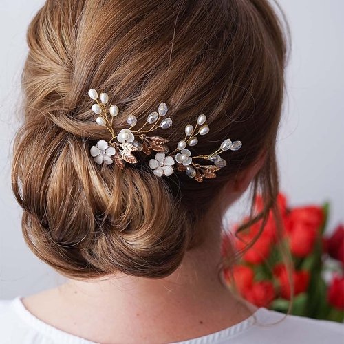 Brishow Bride Wedding Hair Pins Rose Gold Flower Hair Pieces Pearl Crystal Hair Clip for Women and Girls (2 pcs)