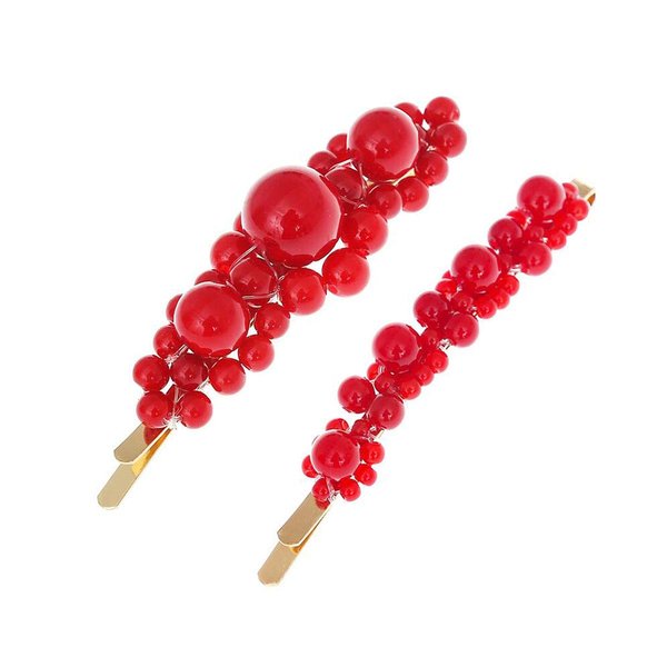 Numblartd 2Pcs Handmade Red Artificial Pearl Gold BB Hairpin Barrettes Hair Clips Pins for Wedding Bridal Bridesmaid - Sweet Fashion Alloy Side Clamp Hair Accessories for Women
