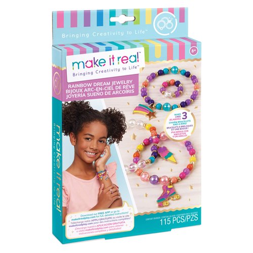 Make It Real: Rainbow Dream Jewelry Kit - Create 3 Unique Charm Bracelets & A Ring, 123 Pieces, Includes Play Tray, All-In-One, DIY Colorful Bead Jewelry Kit, Tweens & Girls, Arts & Crafts, Ages 8+