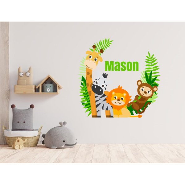 Jungle Animals Custom Name Wall Decal - Baby Safari Animals Series Theme Wall Art Decal - Wall Decal for Nursery Bedroom playroom Decoration (Wide 15"x13" Height)