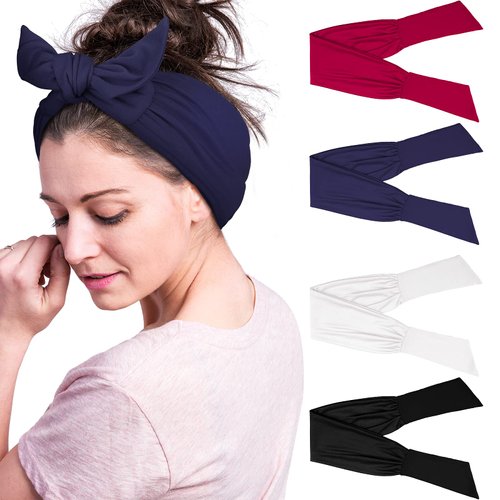 WILLBOND 4 Pieces Adjustable Headbands for Women - Knotted Headbands, Elastic Non-Slip Head Wrap, Headband with Twist Bow, Hairband for Women Girls (Black, White, Wine Red, Navy Blue)