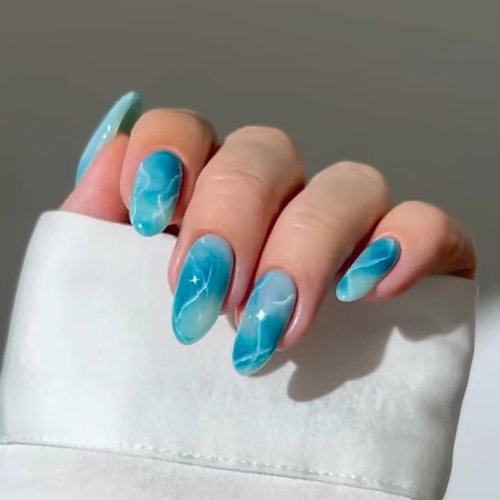 BMKKOT Blue Press on Nails Medium Length Almond Fake Nails Blue Gradient Marble Glue on Nails Summer Acrylic Nails Glossy False Nails Reusable Artificial Stick on Nails for Women Girls Manicure 24Pcs