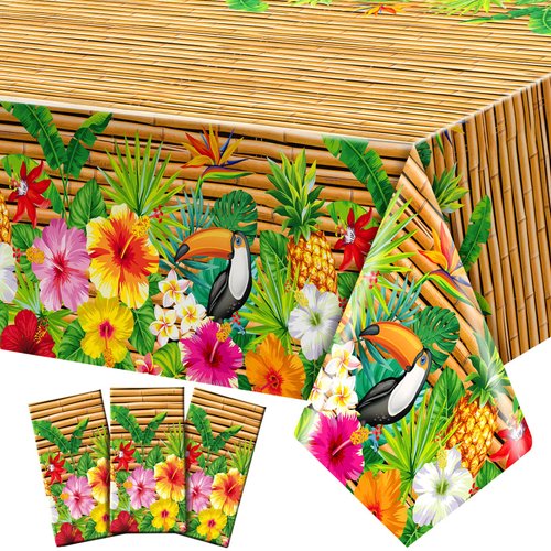 Frienda Tiki Tablecloth Tiki Decorations Luau Table Cover Hawaiian Party Plastic Table Cloth Disposable Tiki Totem Decor for Hawaii Beach Tropical Decoration Supplies Aloha (Modern Style,9 Pieces)