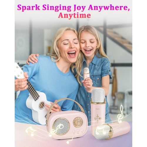 Mini Karaoke Machine for Kids&Adults,Portable Bluetooth Speaker with 2 Wireless Microphones and Stereo Sound Enhanced Bass,Gifts for Girl 3 4 5 6 7 8 9 10 11 12+ Years Old Home Party (Pink)