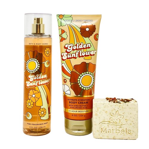 Bath & Body Works Golden Sunflower Duo Gift Set - Fragrance Mist and Body Cream - with a Creamy Rose Bar Soap - Full Size