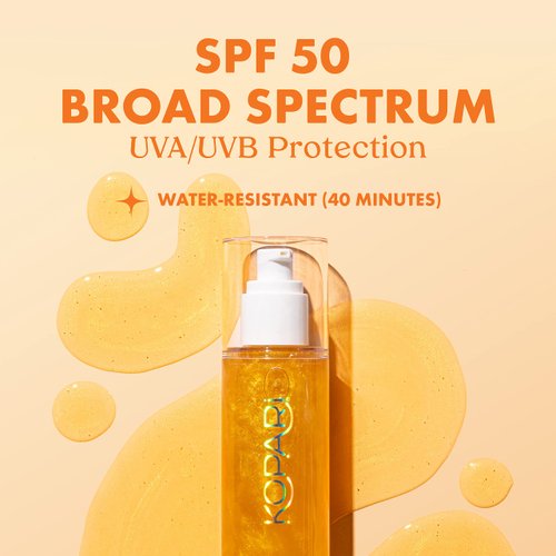 Kopari Sun Shield Body Glow, Broad Spectrum SPF 50, Lightweight Shimmering Gel Texture Absorbs Quickly, Non Sticky, Glowing Results, Gold 5 oz