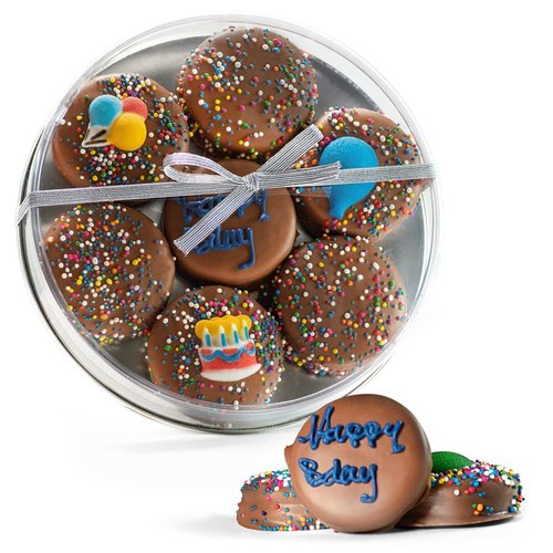 Happy Birthday Milk Chocolate Covered Oreo Cookies, Custom 7 Pc. Blue Gift Basket, Fresh Hand Decorated Assortment, Sweet Multi-Layered Sandwich Treats for Kids and Adults