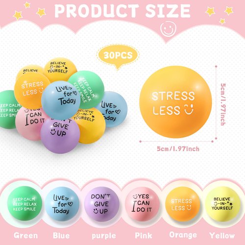 Wettarn 30 Pcs Motivational Stress Balls 1.97'' Colorful Foam Ball Quotes Stress Balls Inspirational Stress Ball Hand Exercise Toys for Stress Relief Concentration Motivation ADHD Autism (Candy Color)