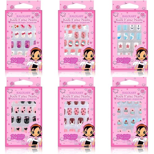 Kalolary 144 PCS Kids False Nail for Girls Gift, Press on Nail Color Short Fake Nails Artificial ...