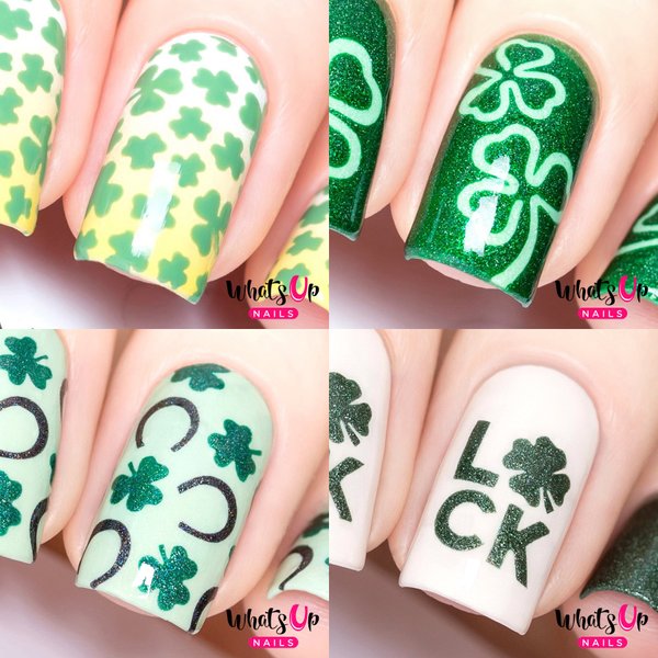Whats Up Nails - Saint Patrick's Day Nail Vinyl Stencils 4pcs (Clover Field, Shamrock, Saint Patrick's, Luck Nail Stencils) for Saint Patrick's Day Nail Art Design