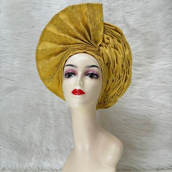 SugeGasa Fashion Auto Gele African Headtie For Nigerian Women Head Wrap Already Made Aso Oke Headties Headgear For Wedding Party (Gold)
