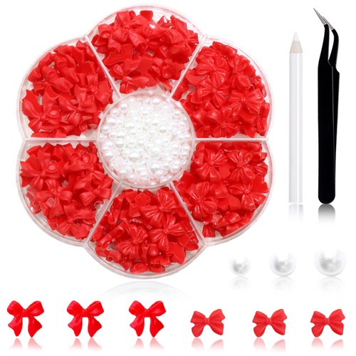 300Pcs Bow Nail Charms and Flatback Pearls,Red Bowknot 3D Cute Nail Charms for Acrylic Nail Suppl...