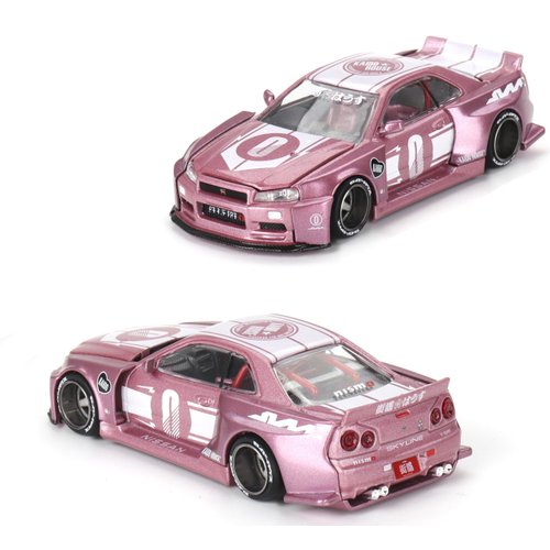True Scale Miniatures Model Car Compatible with Nissan Skyline GT-R (R34) Kaido Racing Factory V1 Pink 1/64 Diecast Model Car Kaido House KHMG128