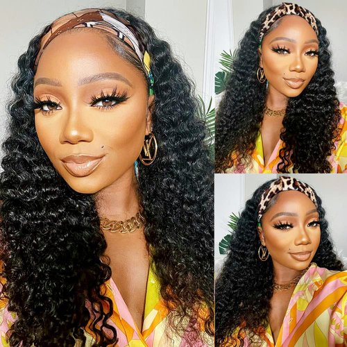 Lauberita Headband Wig Human Hair Wigs 14 Inch Wear and Go Glueless Wig Curly Deep Wave Headband Wig Natural Color