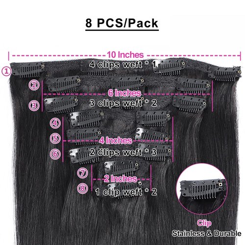 Alisfeel Seamless Clip In Human Hair Extensions 10A Brazilian Straight Clip In Hair Extension Human Hair for Black Women Unprocessed Seamless Clip Ins 135g 8 Pieces/Pack (20 Inch, Straight)