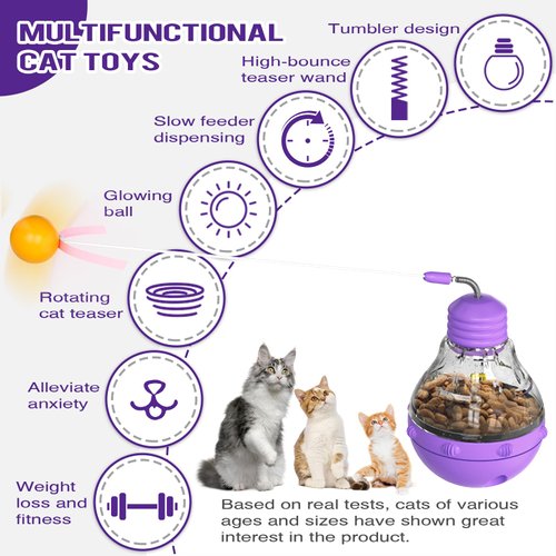 KitchiFlora Cat Toys for Bored Indoor Cats Tumbler Interactive Cat Toys with Teaser Wand Cat Food Dispenser - Ideal for Exercise and Boredom Relief Pet Supplies Birthday Gift (Purple)