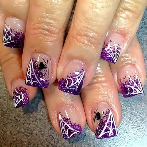 Halloween Press on Nails Short Square Fake Nails Glitter Purple Spider Web French Tip Acrylic Glue on Nails Full Cover Shiny False Nail Stick on Nails for Women Girls Party Manicure Decor 24pcs